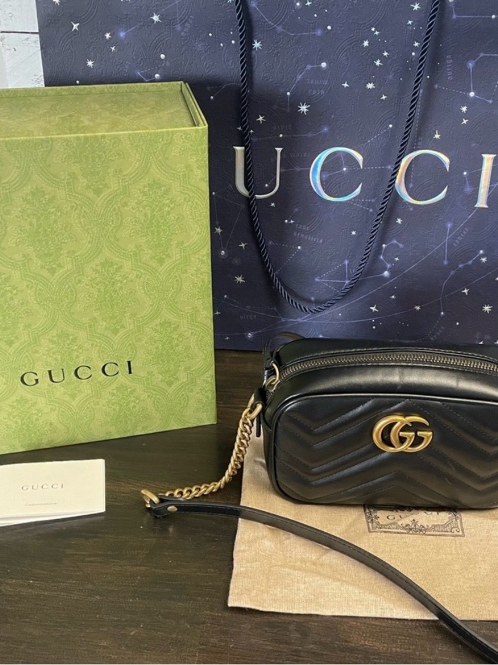 Gucci Black Chevron GG Marmont Leather Crossbody Bag with Gold Hardware